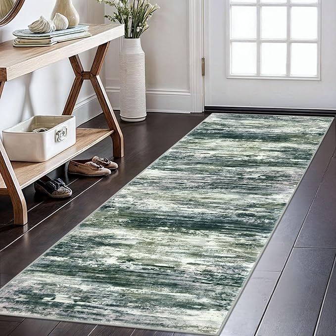 KOZYFLY Modern Abstract Runner Rugs 2x6 Green Yellow Machine Washable Area Rug by KOZYFLY