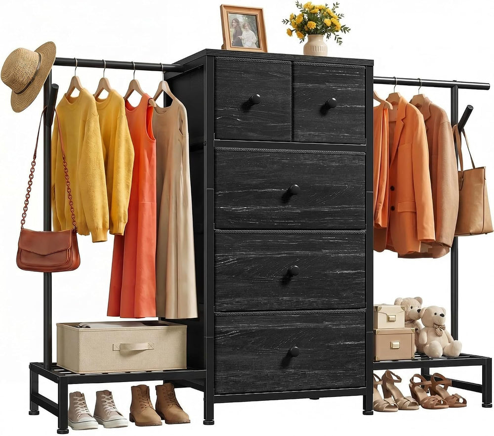 3-in-1 White Dresser with Hanging Rack, 5 Drawers & 2 Shoe Racks