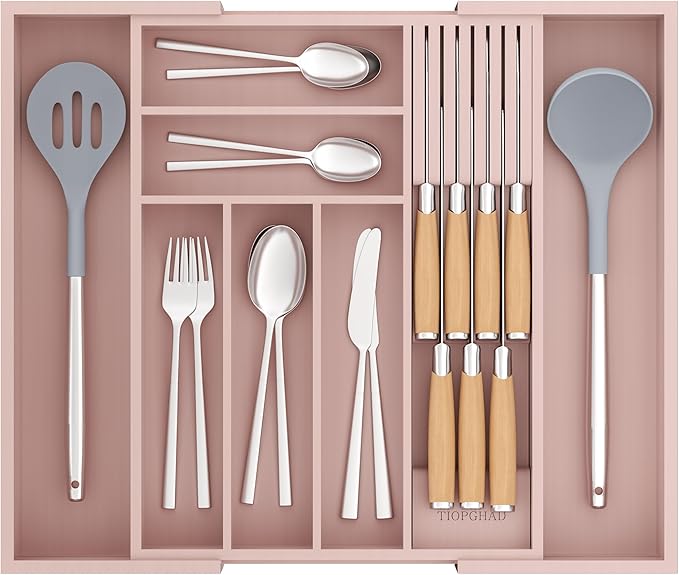 TIOPGHAD Bamboo-Silverware-Drawer-Organizer-Kitchen, Expandable Utensil Holder