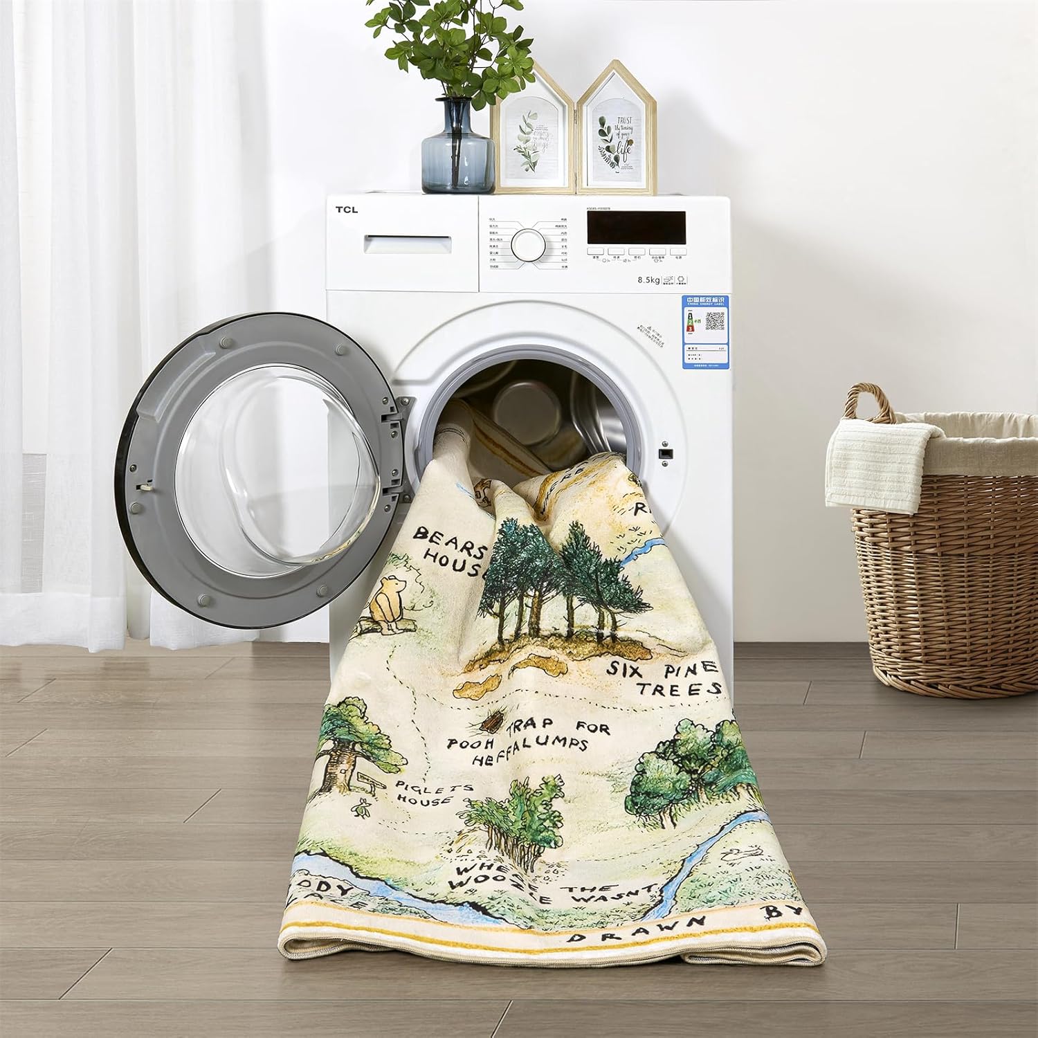Estmy 8x10 Washable Nursery Rug, Cute Woodland Kids Play Mat for Girls Boys Neutral Soft Crawling Play Mat for Classroom Children Toddlers Bedroom Stain Resistant Easy to Clean, 100 Acre Wood Map Rug
