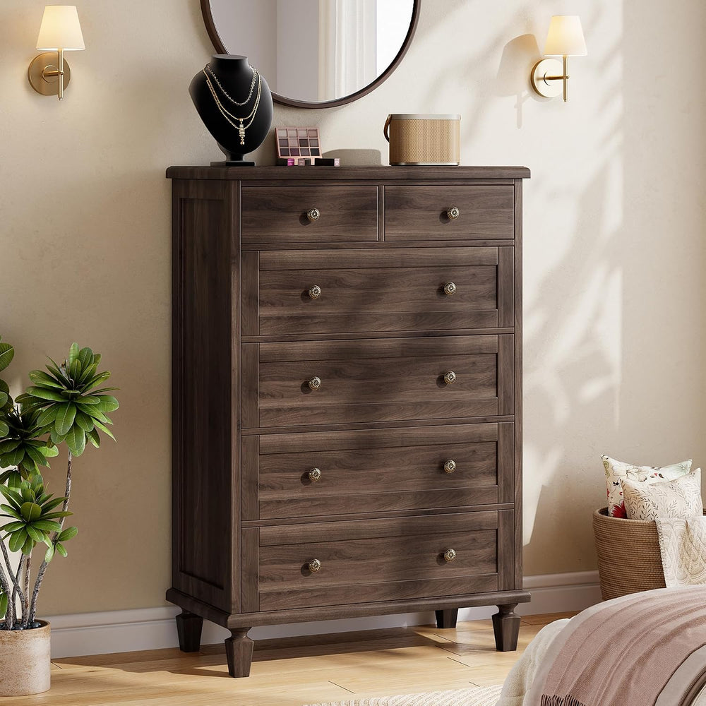 Garvee 6 Drawer Dresser for Bedroom, 47" Vintage Dresser, Dark Brown