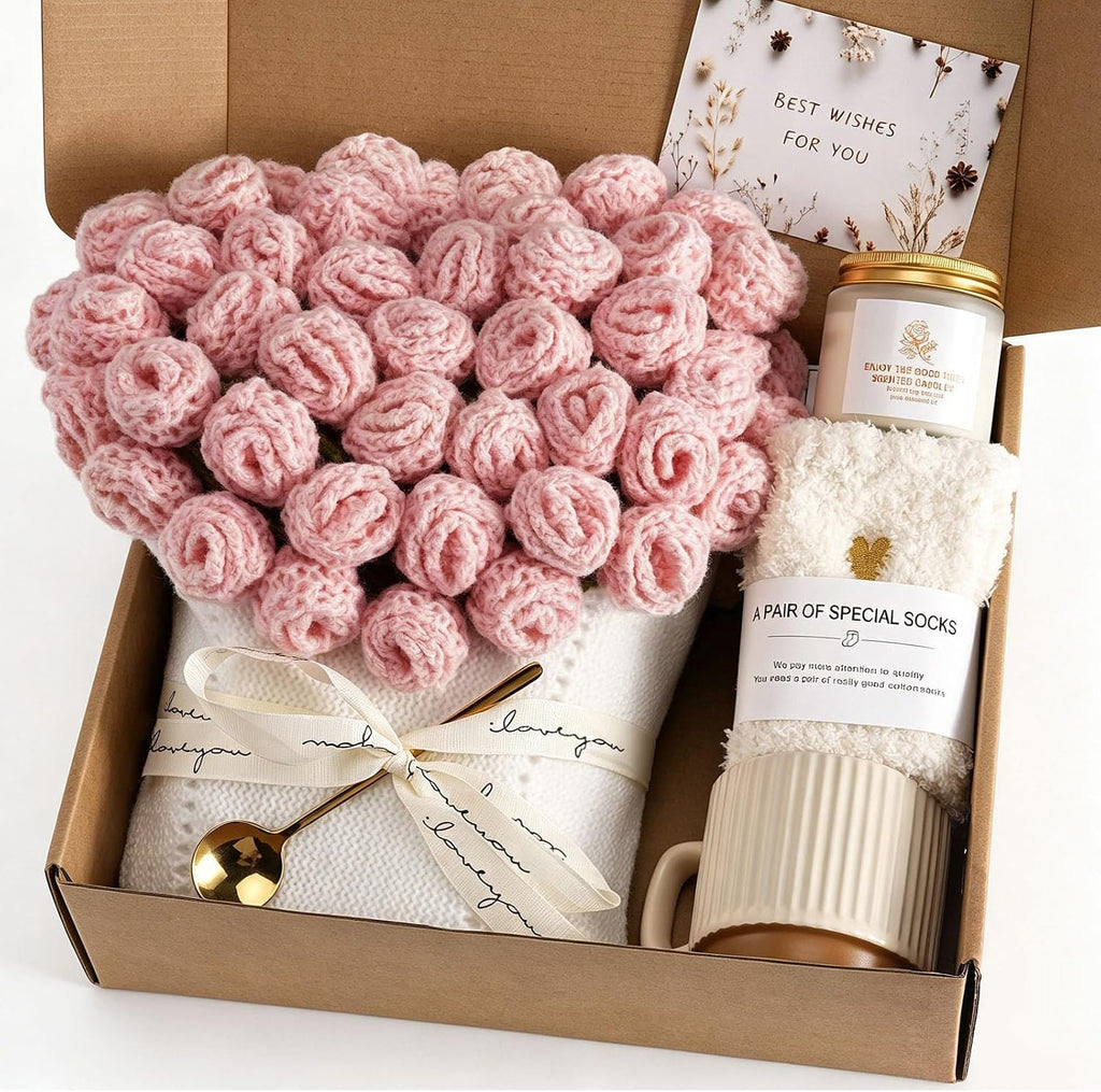 Get Well Gifts for Women After Surgery Flower Blanket Care Package Women | Crochet Flower Blanket, New Mom Postpartum Self Care Package Best Friend Birthday Gifts for Women Gift Baskets Girlfriend Set