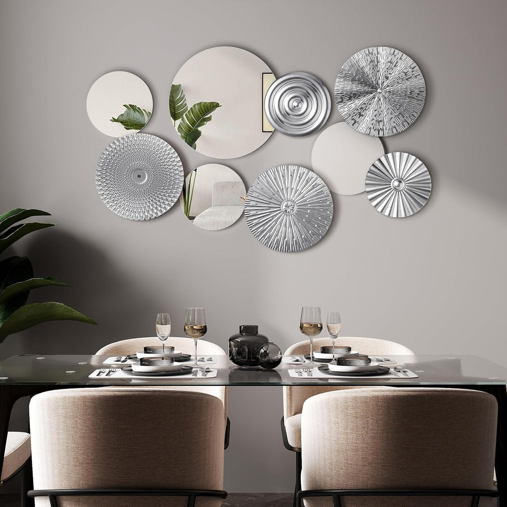 Blulu 9 Pcs Silver Mirror Wall Decor Metal Round