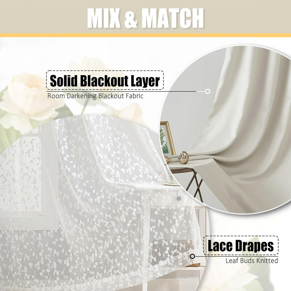Mix Matched Beige Full Blackout & Sheer Leaf Lace Curtains 52"Wx84L ...