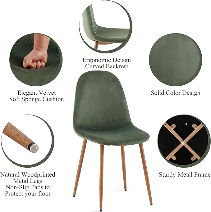 Set of 4 Dining Chairs Upholstered Green Velvet Living Room Chair with Backre...