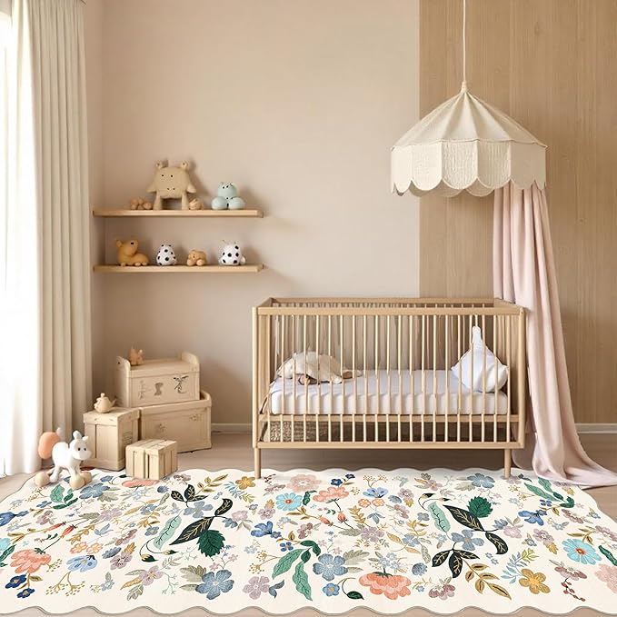 Hallway 4x10 Washable Area Rugs: Indoor Floral Scalloped Rug - Image 3