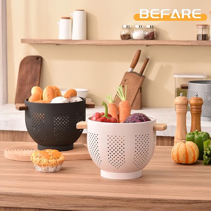 Metal Colander with Wood Handle and Stable Base, Powder Coated Steel Kitchen - Image 7