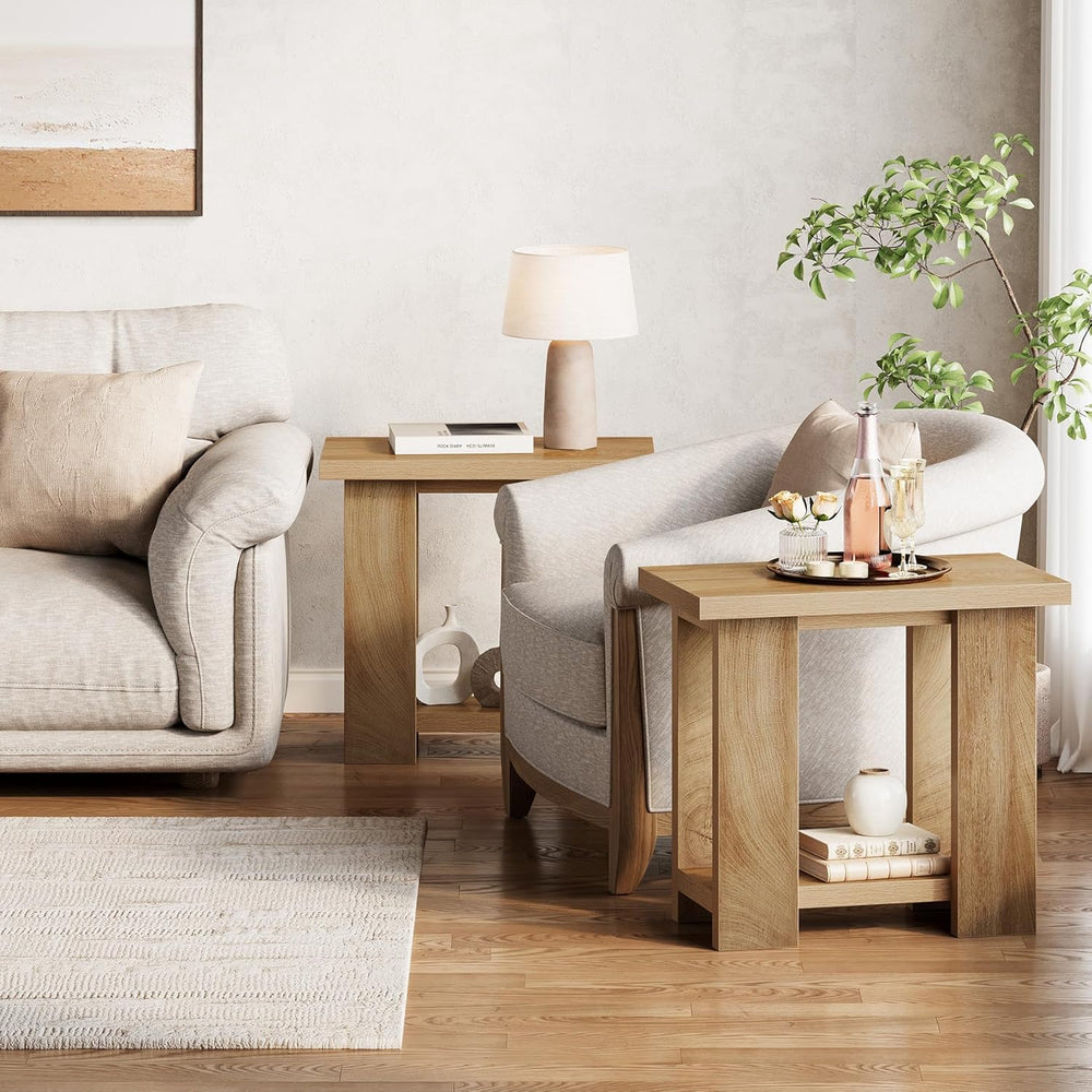 LITTLE TREE 2-Tier Side Table, Farmhouse End Table with Storage Shelves, Smal...