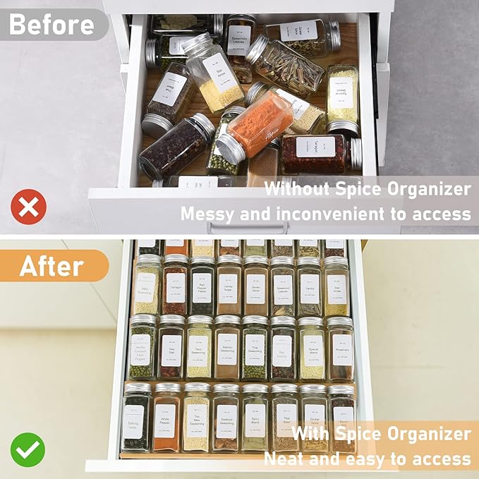Spice Drawer Organizer with 28 Spice Jars and 216 Labels, Non-slip Rubber - Image 5