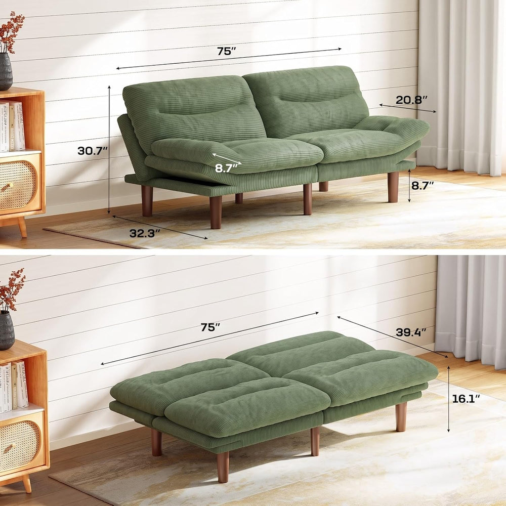 Marsail 75" Futon Sofa Bed, Futon Couch with Adjustable Backrest & A...