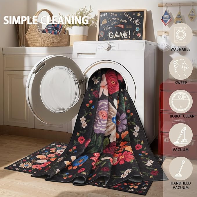 Floral Machine Washable Rug Black/Brown, 3x5 Rug Non Slip Soft Bedroom Rugs - Image 5