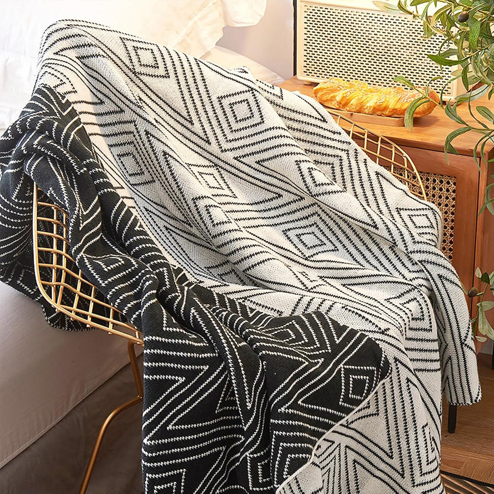Black and White Throw Blankets Queen Size, Knitted Modern Patterned Throw Bla...