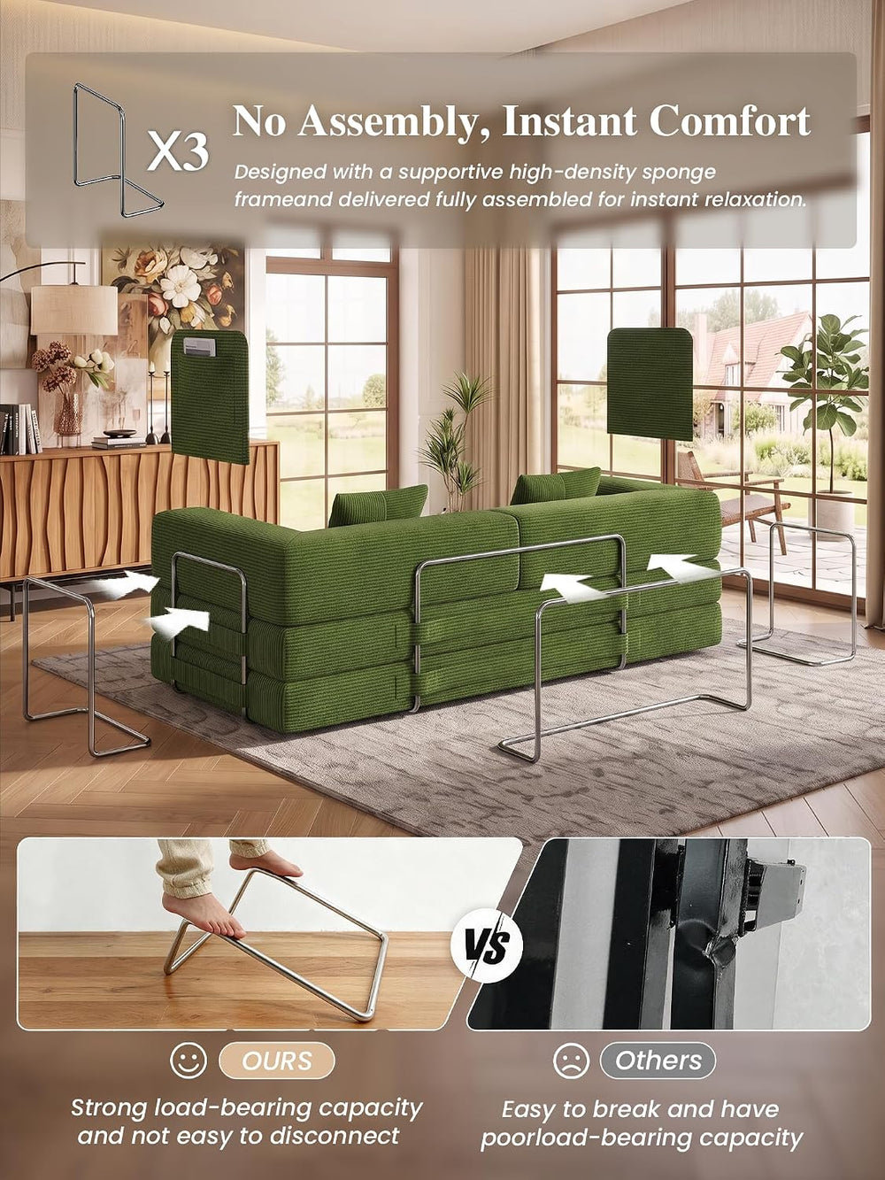 79.5" 5-in-1 Convertible Futon Sofa Bed, Boneless Corduroy, Green