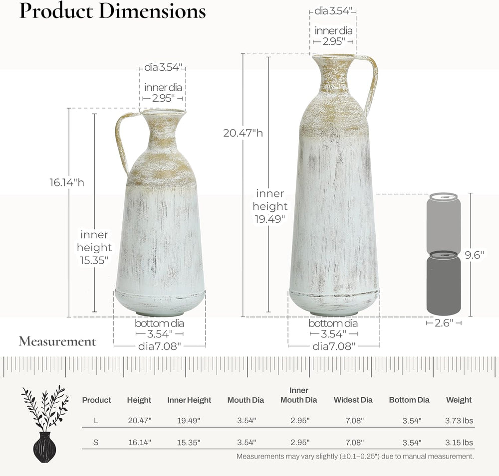 LuxenHöme Tall Floor Vase,Set of 2,Distressed Off White and Brown Rustic Meta...