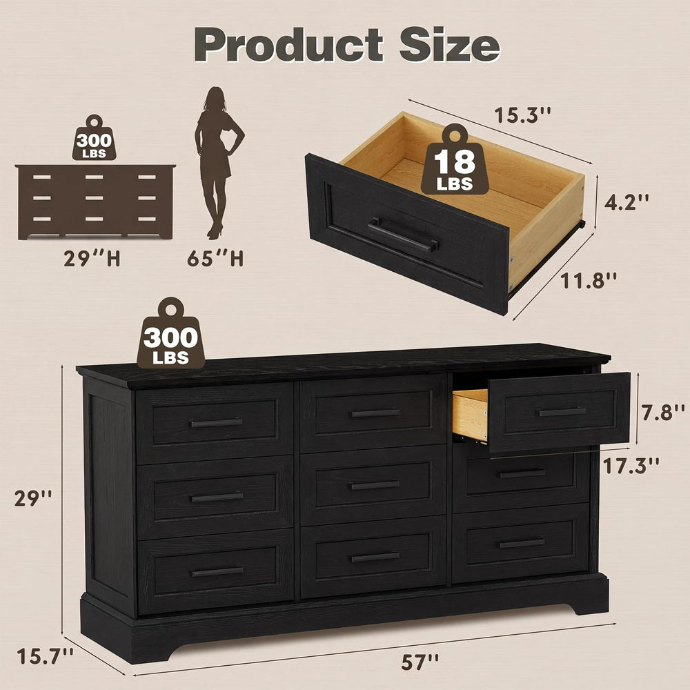 YESHOMY Dresser for Bedroom, 57" Black 9 Drawers Dresser
