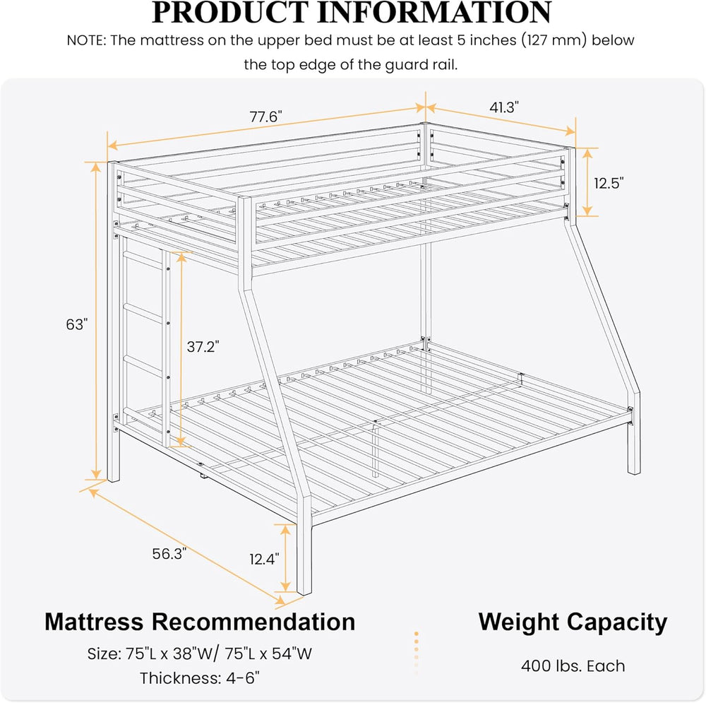SHA CERLIN Bunk Bed Twin Over Full Size with Ladder and Guardrail,Black