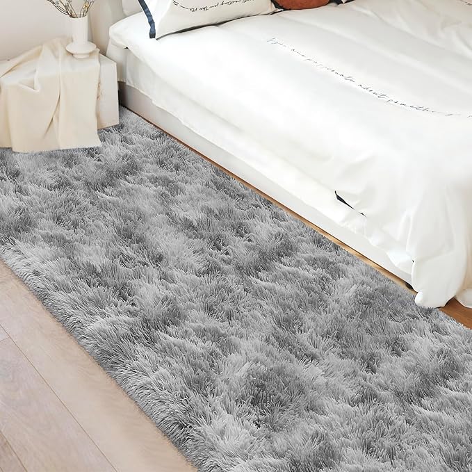 Super Soft Fluffy Living Room Area Rug 3x10 ft Tie-Dyed Light Grey Shaggy Furry - Image 4