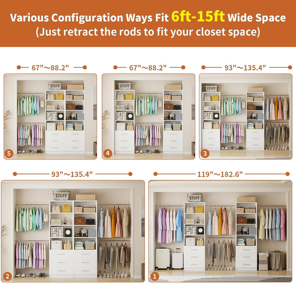 Closet System with 6 Drawers, 5-14FT Custom Closet Organizer System with 8 Ex...