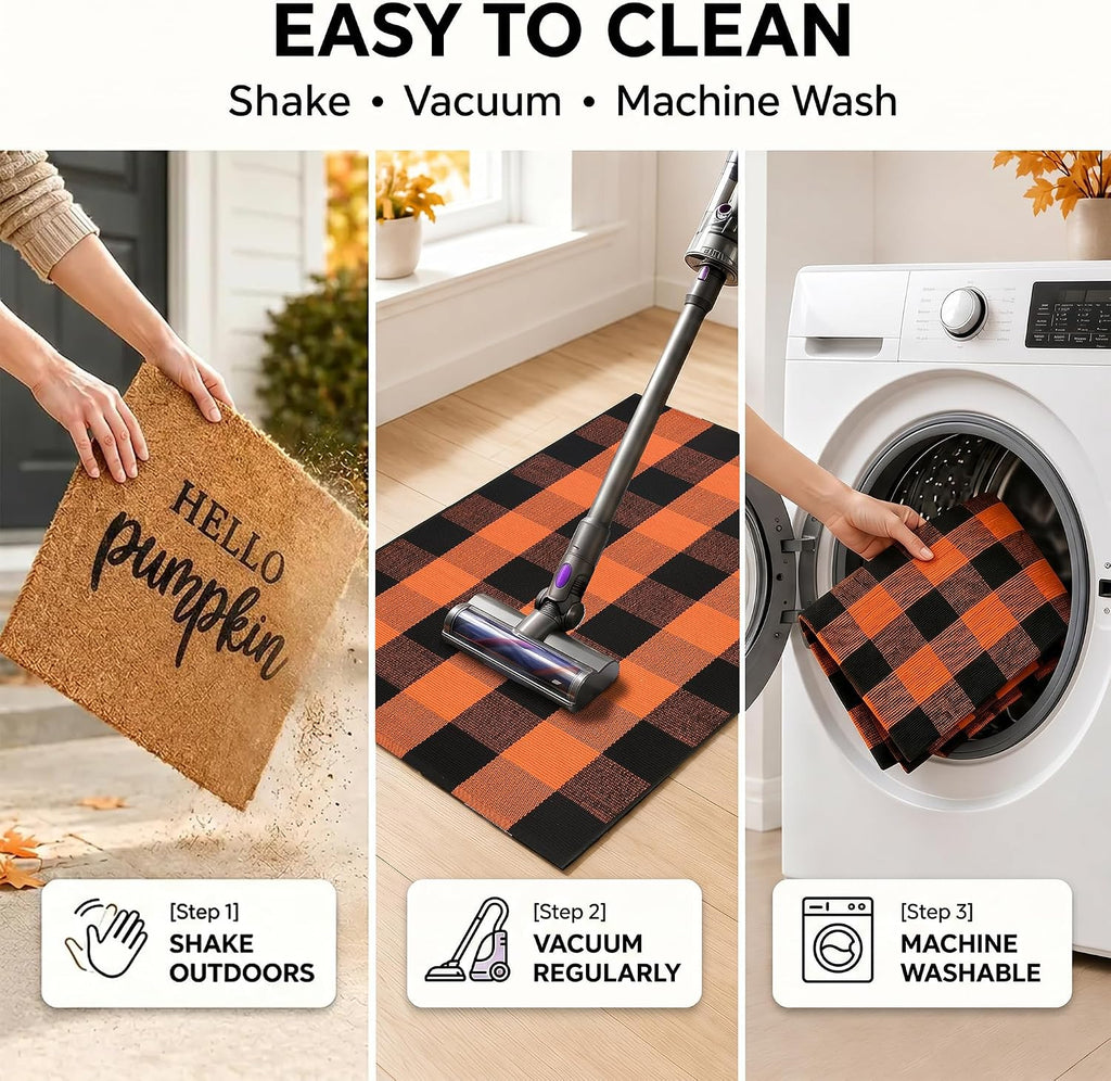 Fall Decor Door Mat Combo Set, 100% Coco Coir Welcome Mat + 28 x 43 Inches Orange and Black Plaid Rug- Fall Thanksgiving Front Porch Entryway Floor Doormat, Indoor Outdoor Autumn Mats Hello Pumpkin