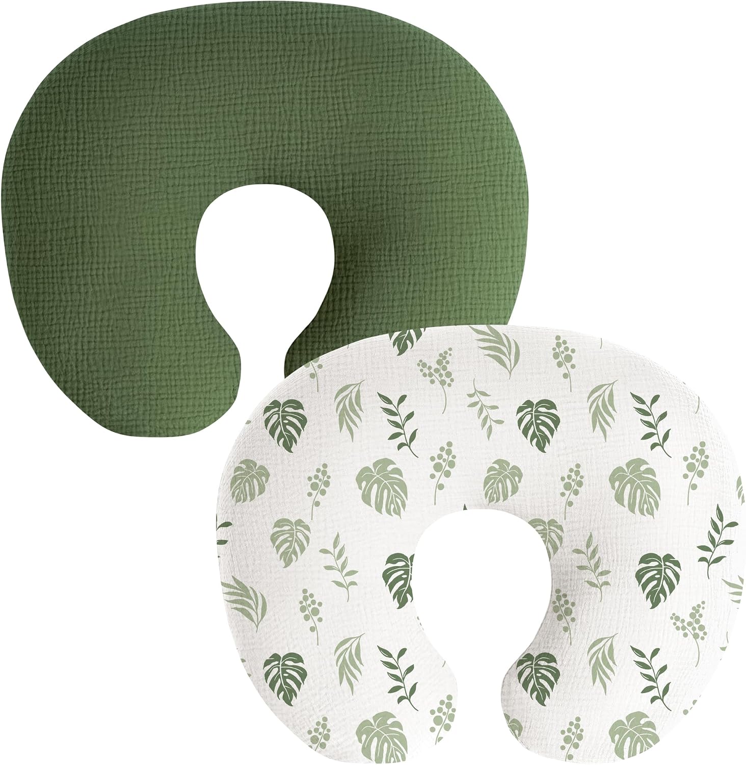Muslin Nursing Pillow Covers, 2 Pack, Soft & Adorable Slipcovers with Zipper Closure, 100% Cotton Covers for Breastfeeding Pillows (Leaf, Green)