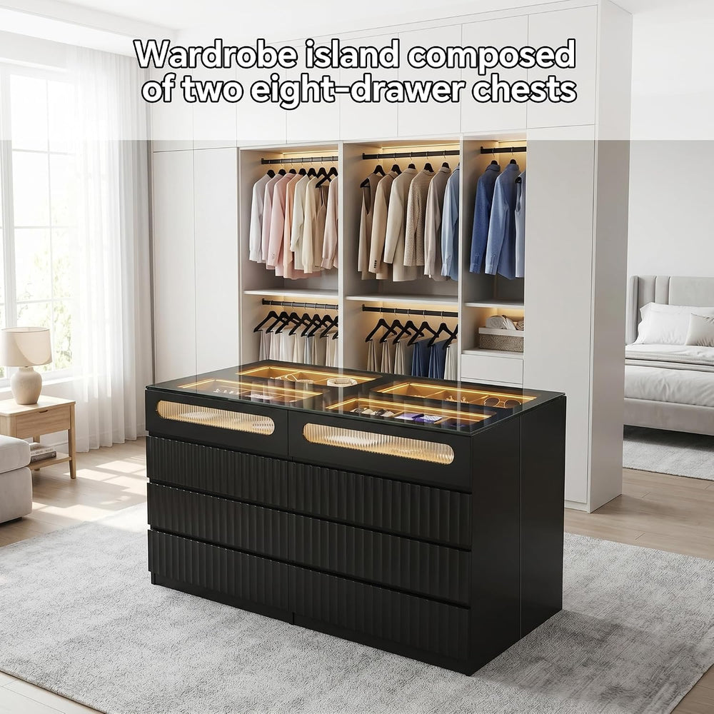 Modern 16 Drawer Wardrobe Armoire,Fluted Island Dresser Bedroom,Black