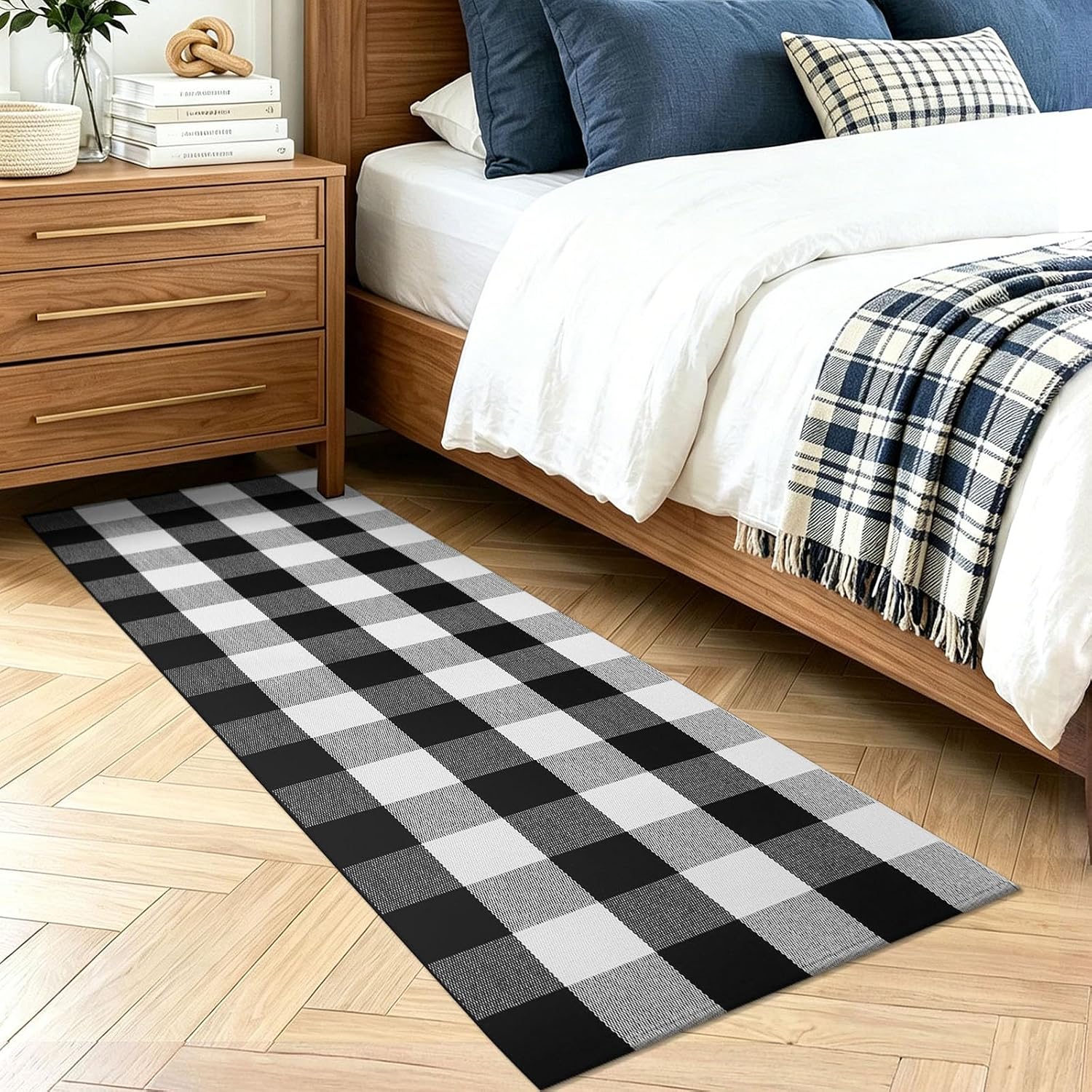 KOZYFLY Buffalo Plaid Rugs 2x6 Ft Runner Rug for Hallway, Black and White | Washable Kitchen Runner Rug, Woven Cotton Entryway Runner, Checkered Carpet Runners for Bedroom Living Room Farmhouse