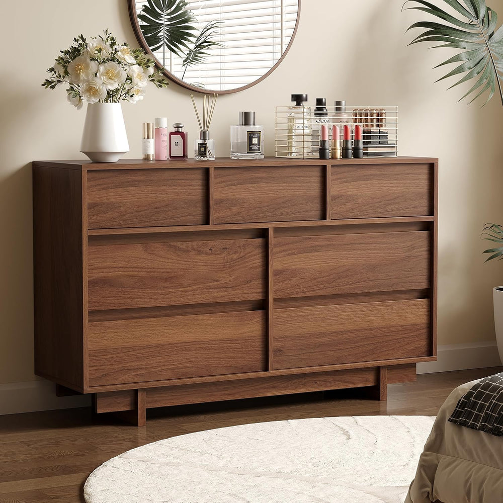 7 Drawer Walnut Dresser for Bedroom, 51.5" Wide Mid Century Modern Dresser