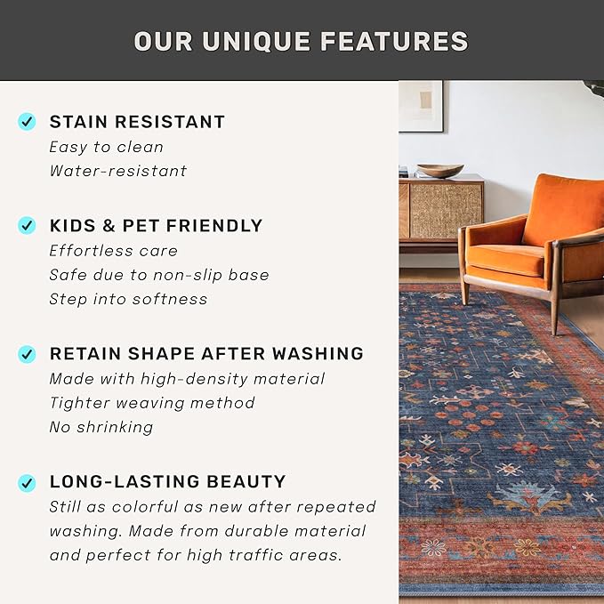 Hazo Haus Dark Blue & Terracotta 5x8 Living Room Rug - Image 7