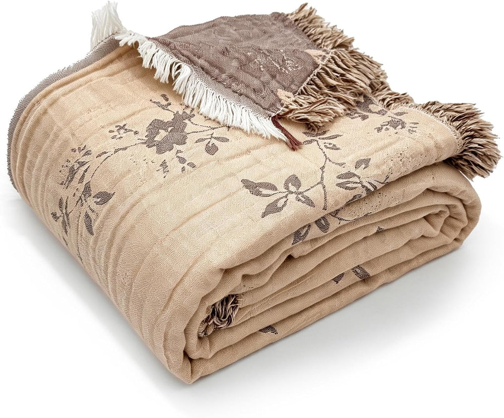 QKTE 100% Cotton Muslin Blanket King Size with Tassels, Lightweight Breathabl...