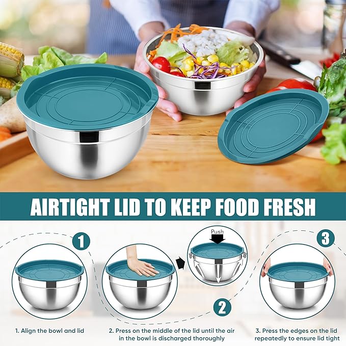 P&P CHEF Mixing Bowls with Airtight Lids Set of 5, 10-Piece Stainless Steel - Image 7