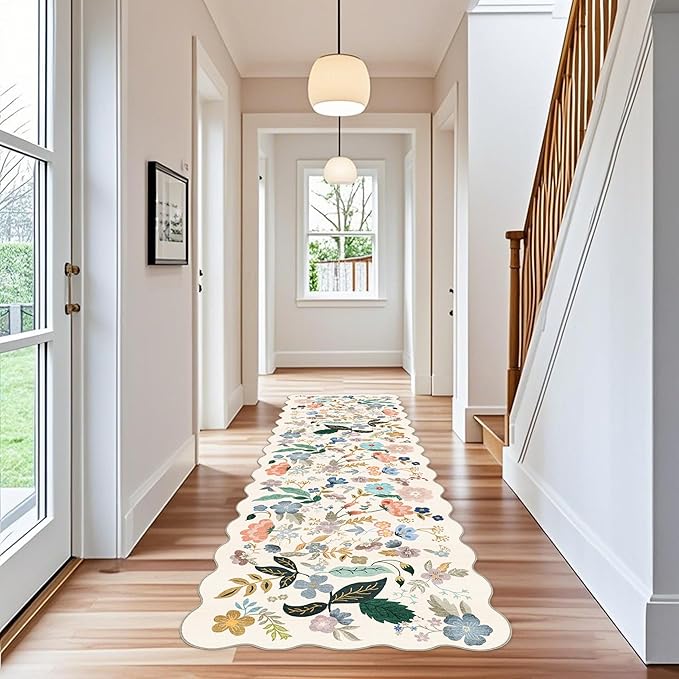 3x10 Washable Hallway Runner Rug: Long Floral Scalloped Soft Runners - Image 2