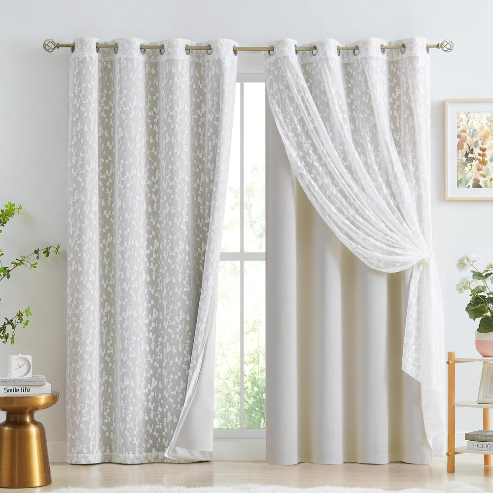 Mix Matched Beige Full Blackout & Sheer Leaf Lace Curtains 52"Wx84L ...