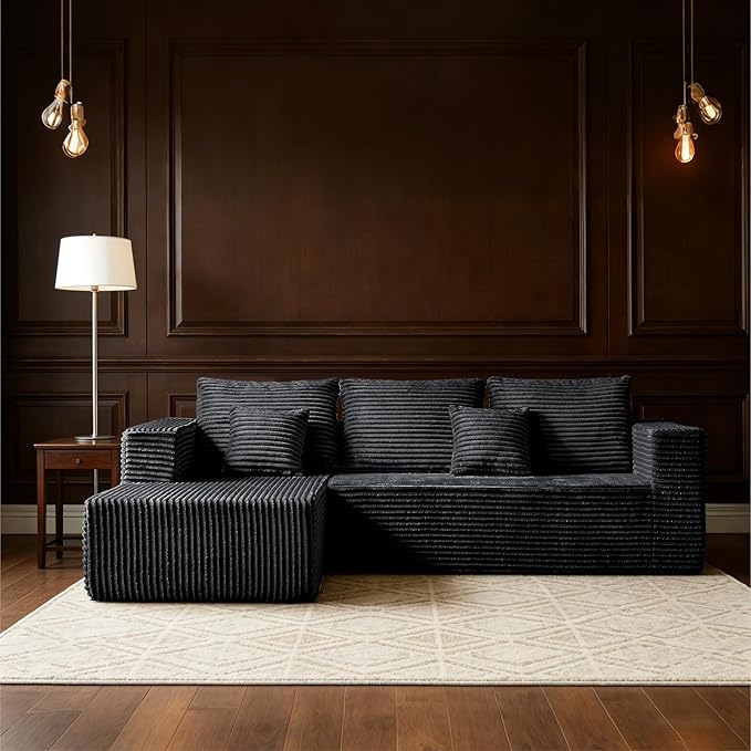 106" Black Corduroy Boneless Modular Sectional Sofa, Cloud-Louch Deep Seat Sofa with Left Chaise for Living Room & Bedroom（L-Shaped Left Facing Chaise）