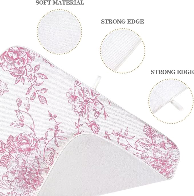 Pink Chinoiserie Floral Dish Drying Mat 18 x 24 inch Vintage Flower Decorative - Image 3