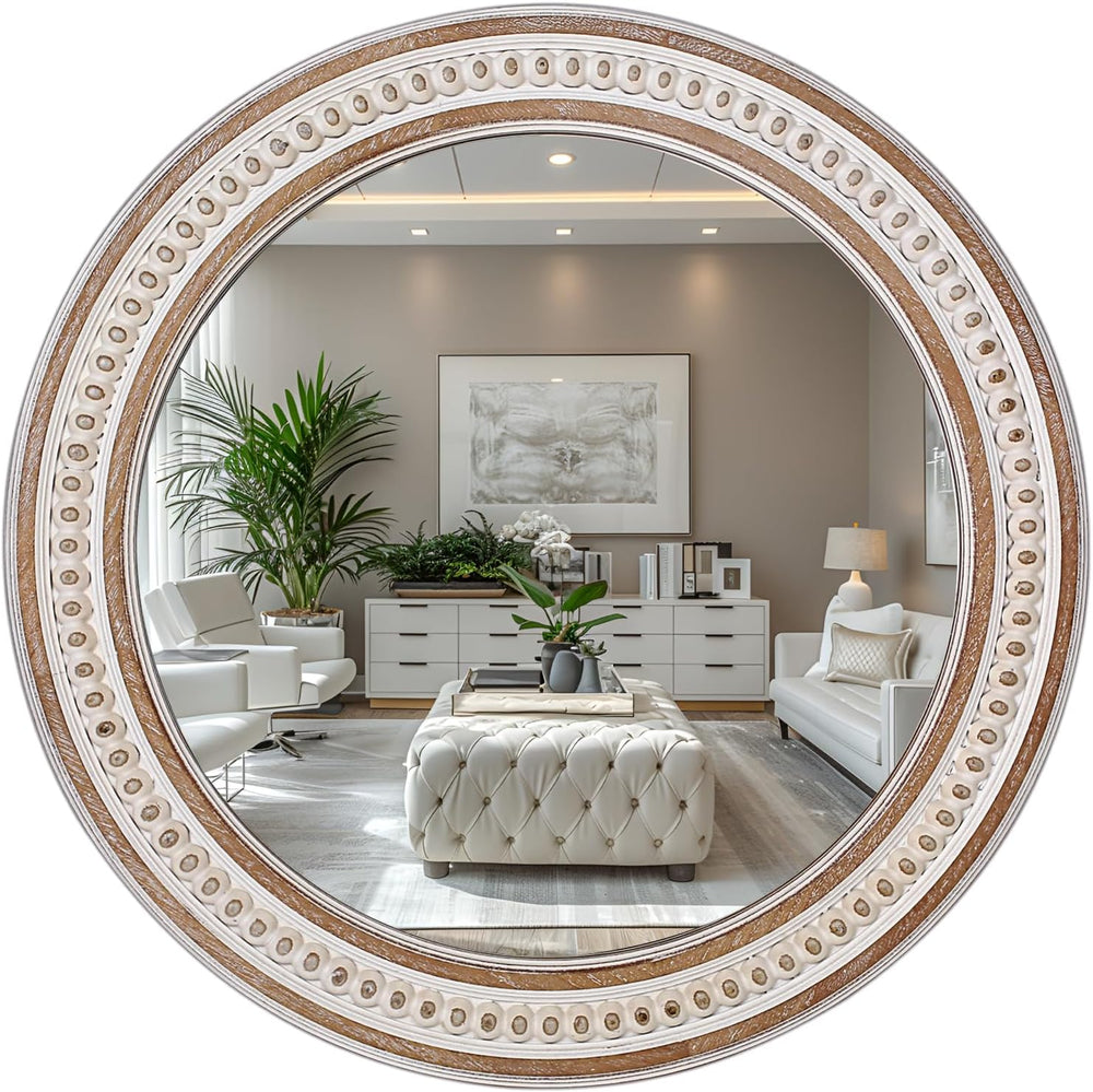 24 Inch Round Bathroom Mirror, Wooden Circular Mirrors for Wall Decor