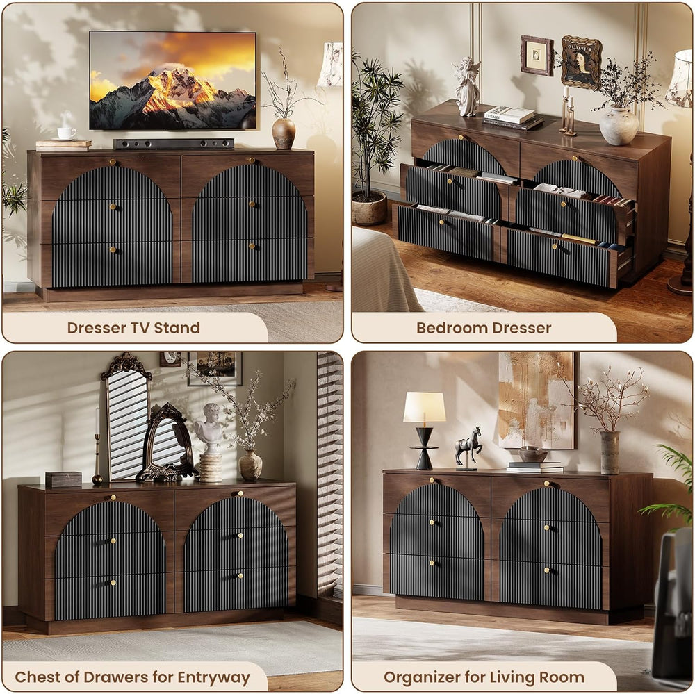 Arched 55" Wide Dresser for Bedroom 6 Drawers Fluted Walnut Black