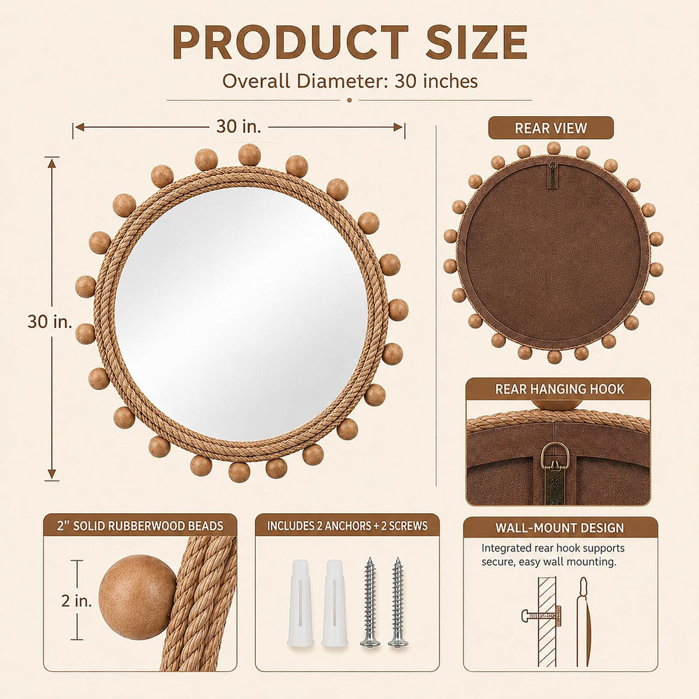 30" Round Jute Rope Wall Mirror with 2-Inch Rubberwood Beads