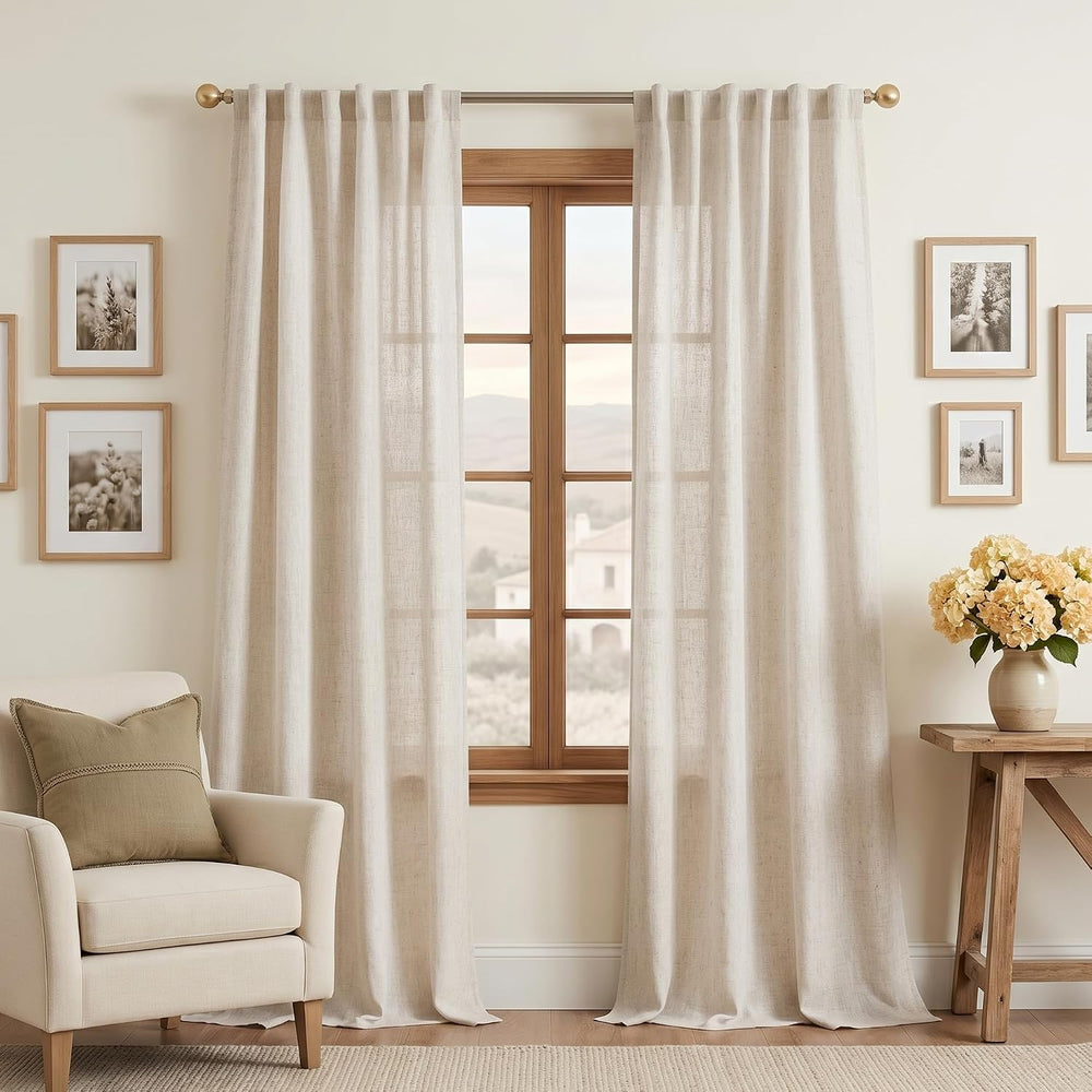 MYSKY HOME Linen Curtains for Living Room 96 Inches Long, Semi Sheer Curtains...