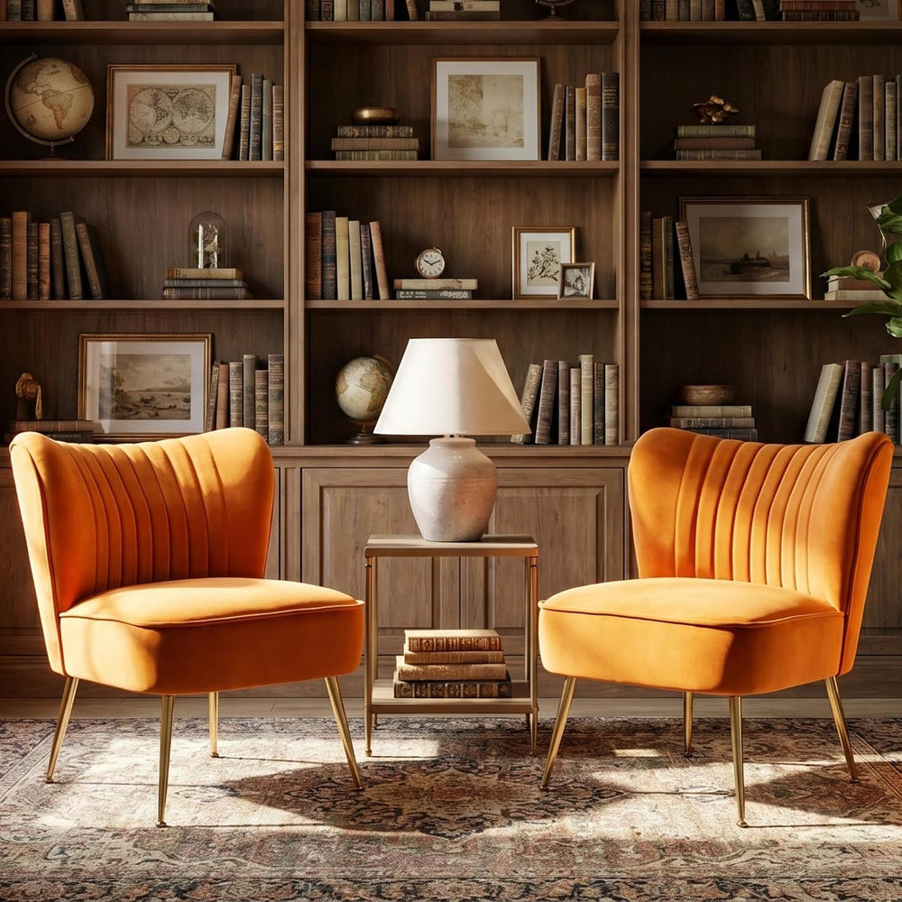 Velvet Accent Chairs Set of 2 for Comfy Living Room Armless Slipper Chair Mid...
