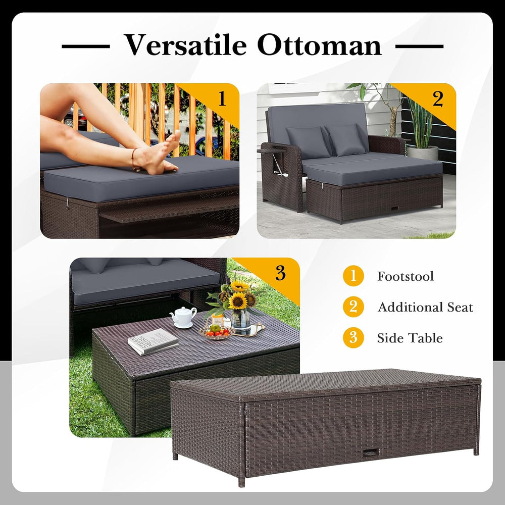 Tangkula Patio Rattan Daybed with 4-Level Adjustable Backrest, Grey Cushion