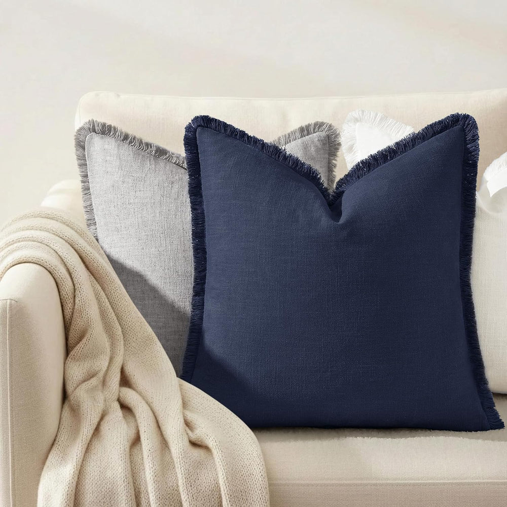 decorUhome Linen Fringe Navy Blue Throw Pillow Covers 20x20 Set of 2