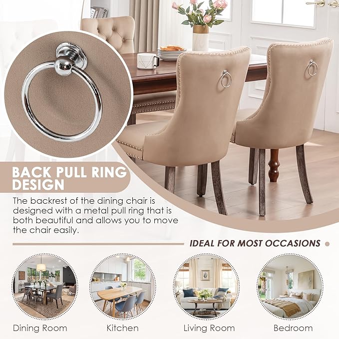 Kiztir Velvet Dining Chairs Set of 2, Upholstered Dining Chairs with Ring Pul...