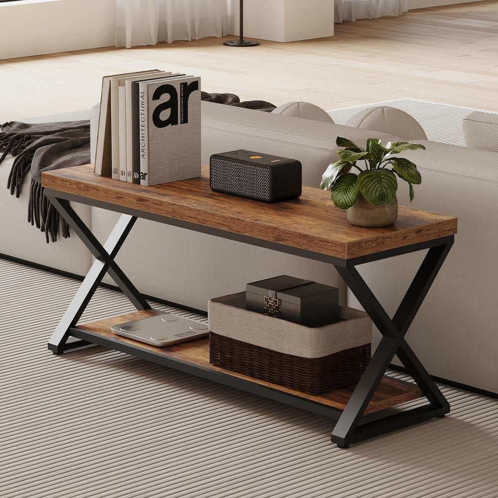 IBF Rustic Entryway Bench with Storage, Rustic Brown Wood and Metal Bench