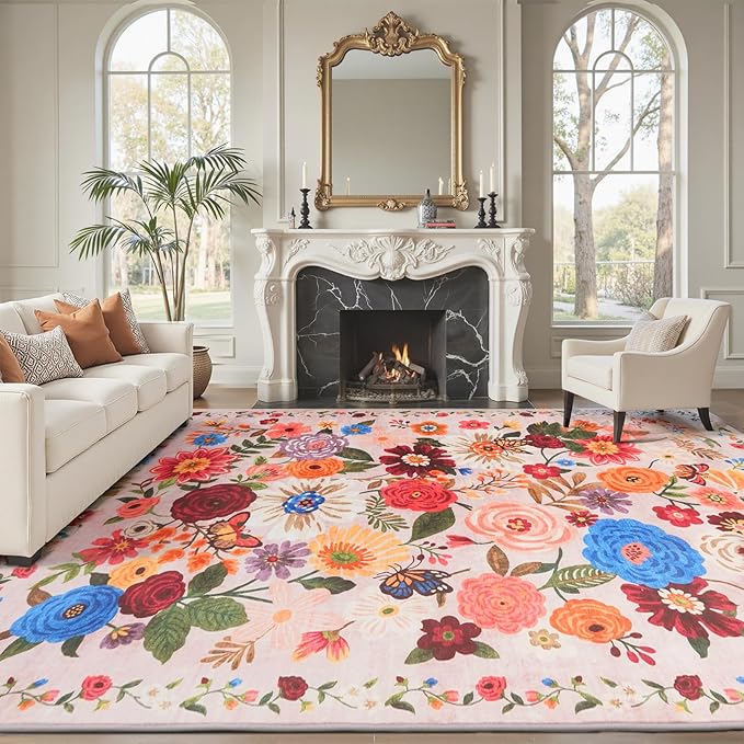 Light Pink Area Rugs 10x14 Living Room, Non Slip Machine Washable Floral Rugs - Image 4