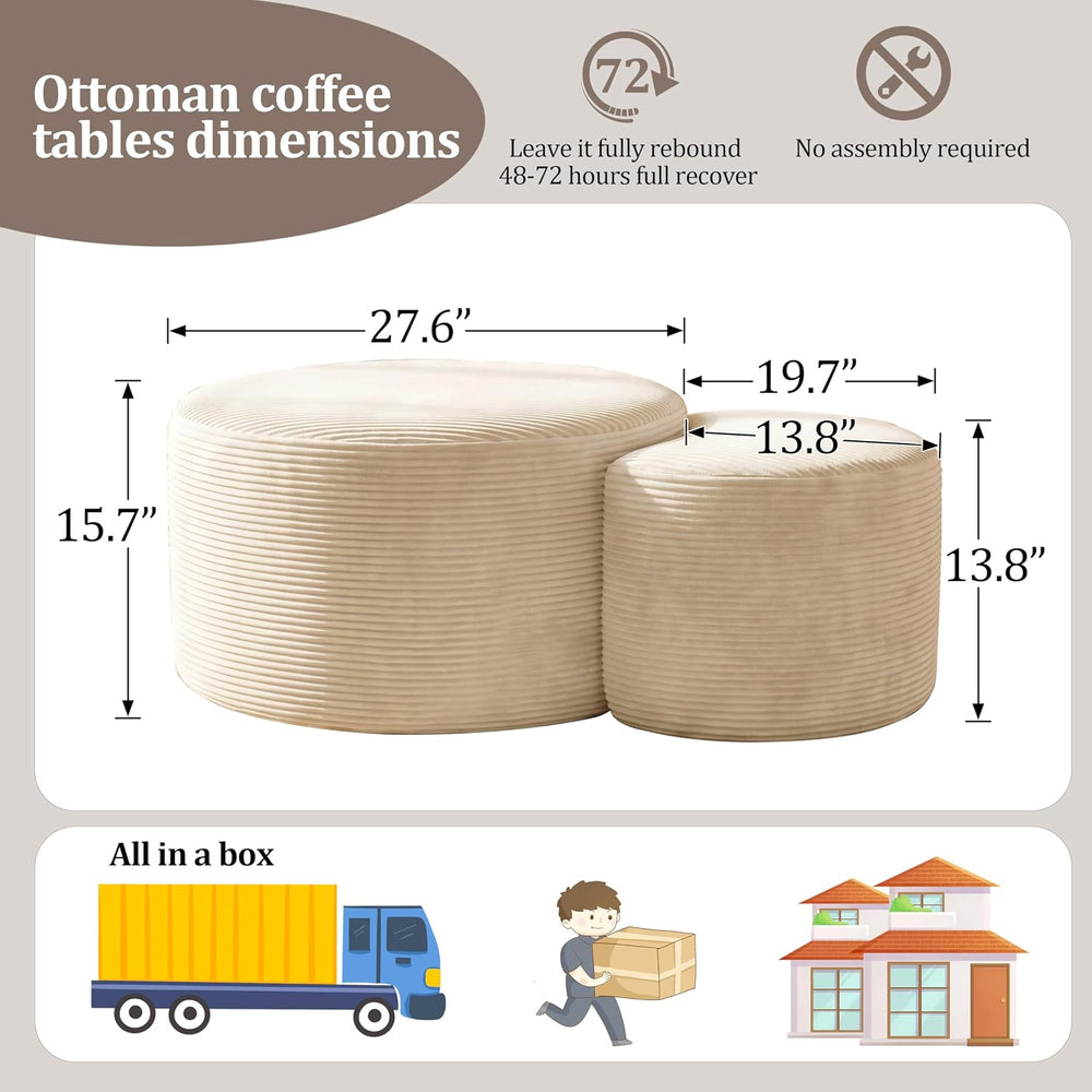BSHOMGI Round Coffee Table Set of 2, Movable Ottoman for Corduroy Cloud Secti...