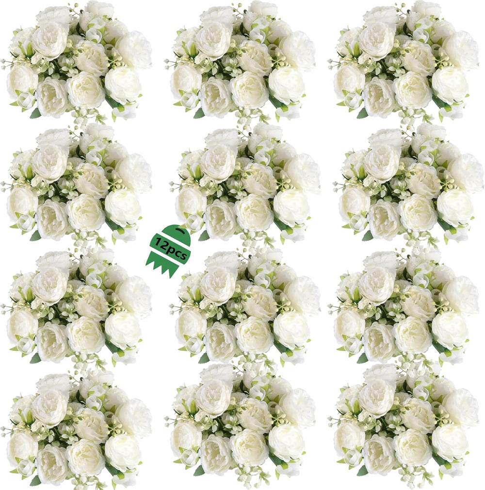 Peonies Artificial Flowers 12 Bouquets,White Flowers Lifelike Silk Fake Peoni...