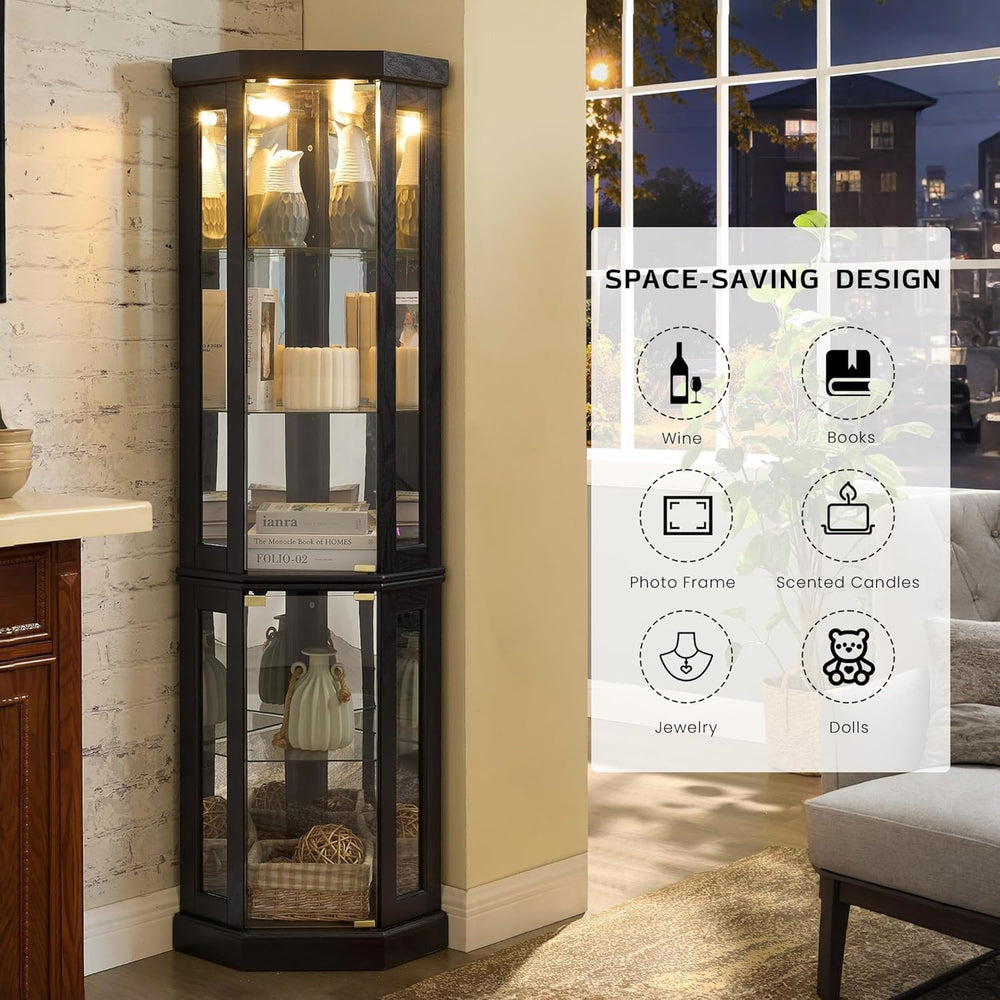 70" Lighted Corner Curio Cabinet, Curved Wood China Display Case with Te...