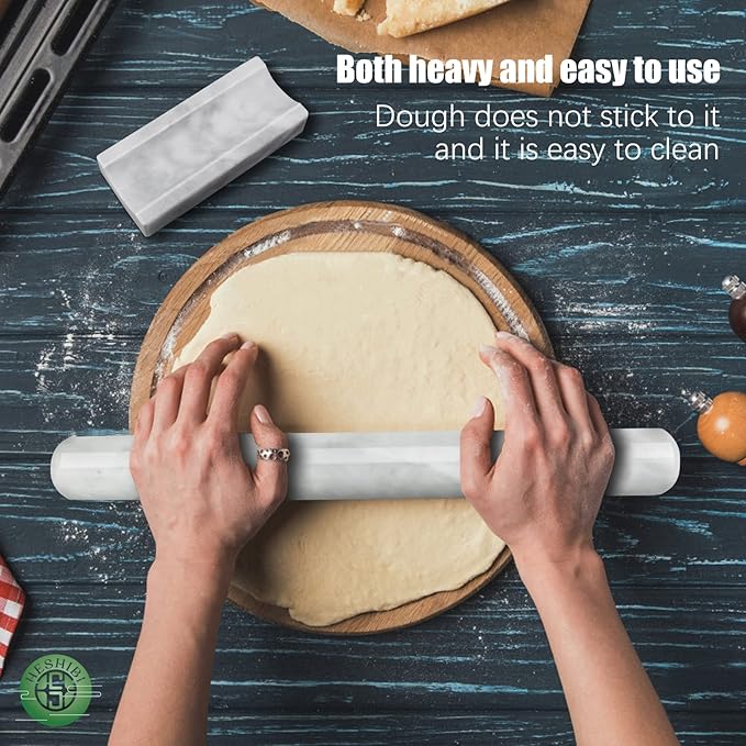 Marble Rolling Pin with Stand, 15.7" White Stone French Heavy Polished Non - Image 6