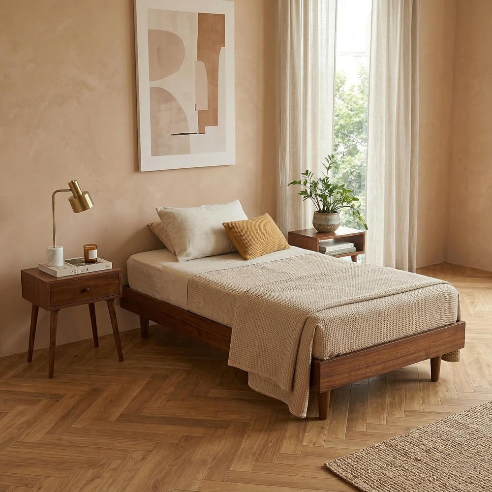 Fly Wooden Bed Frame Without Headboard, Solid Wood Foundation with Silent Sla...