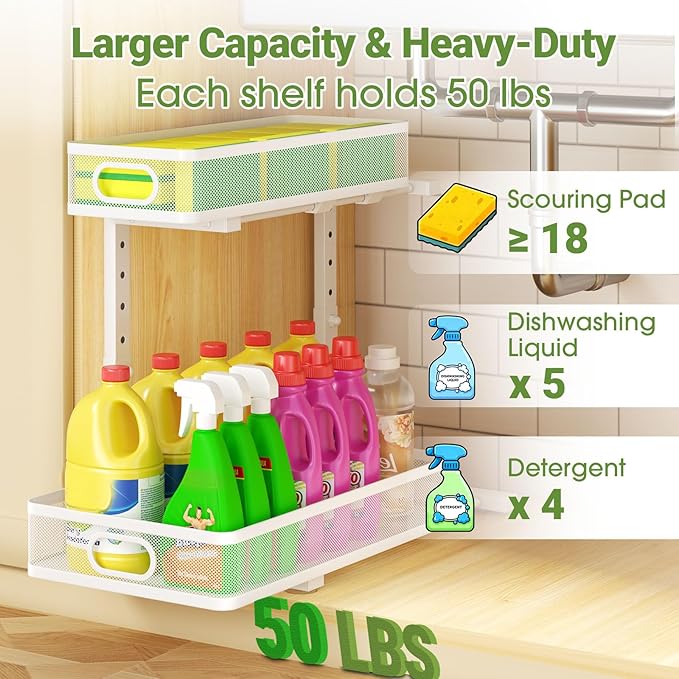 Under Sink Organizer 2-Pack, Metal 2-Tier Pull-Out Cabinet Shelf - Image 7